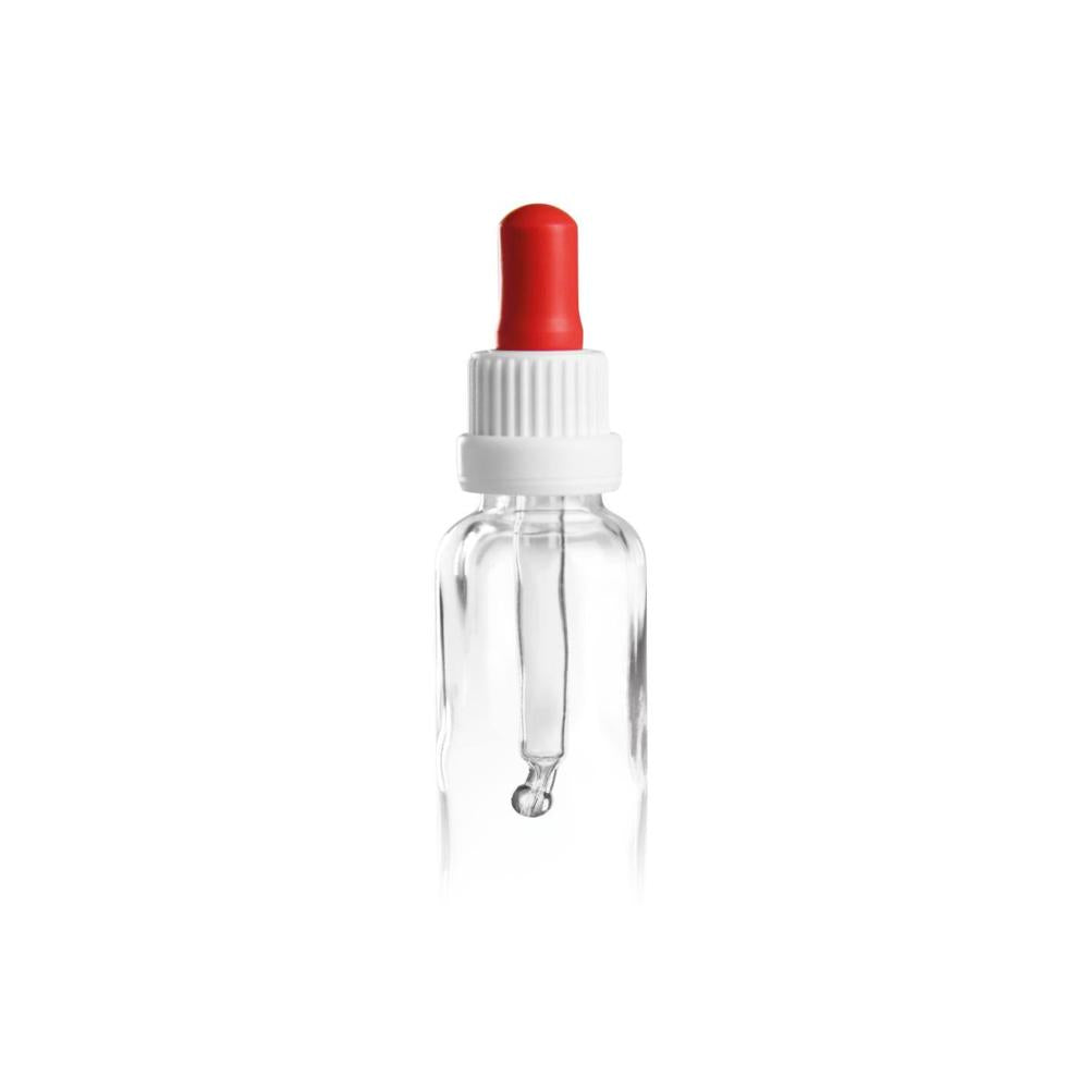 Glas-Tropfpipette weiß/rot 18mm PL66 mit Originalitätsverschluss - Folienpack à 100 Stück